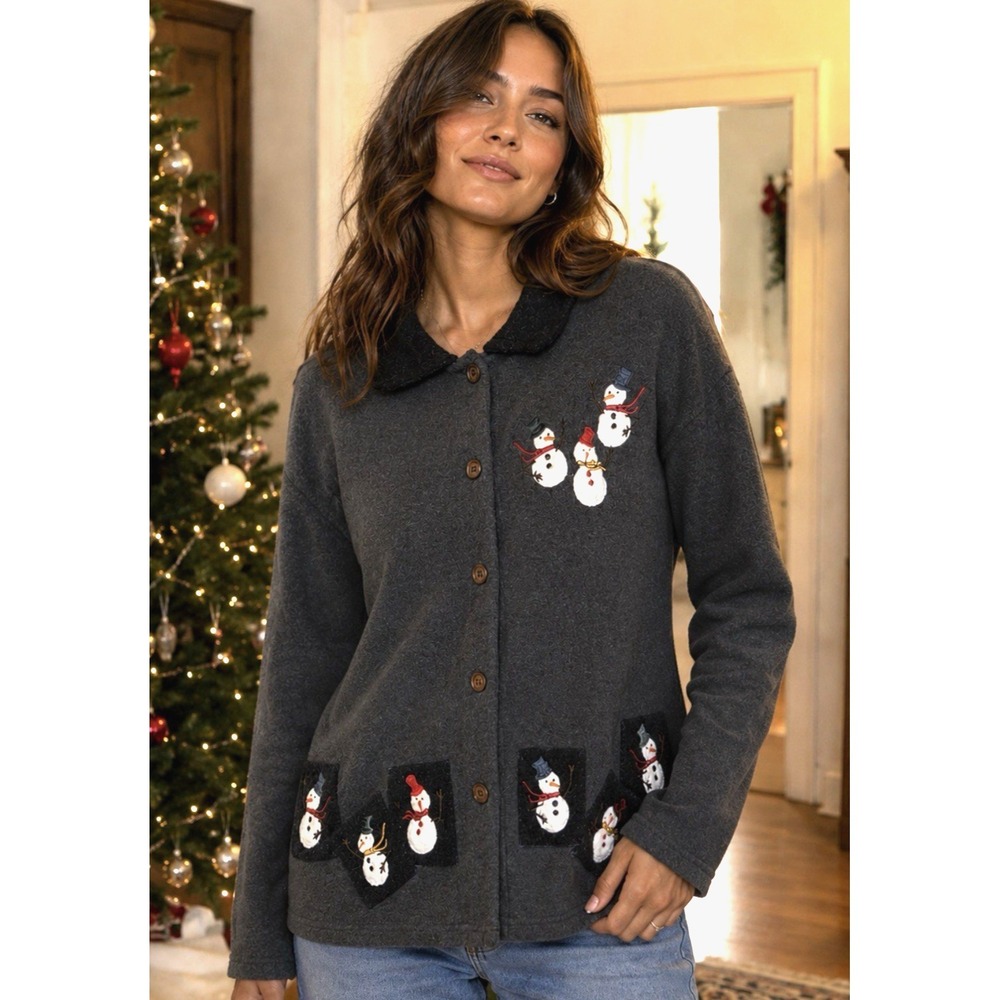 Vintage Karen Scott Womens Christmas Snowman Cardigan Size M Embroidered Holiday